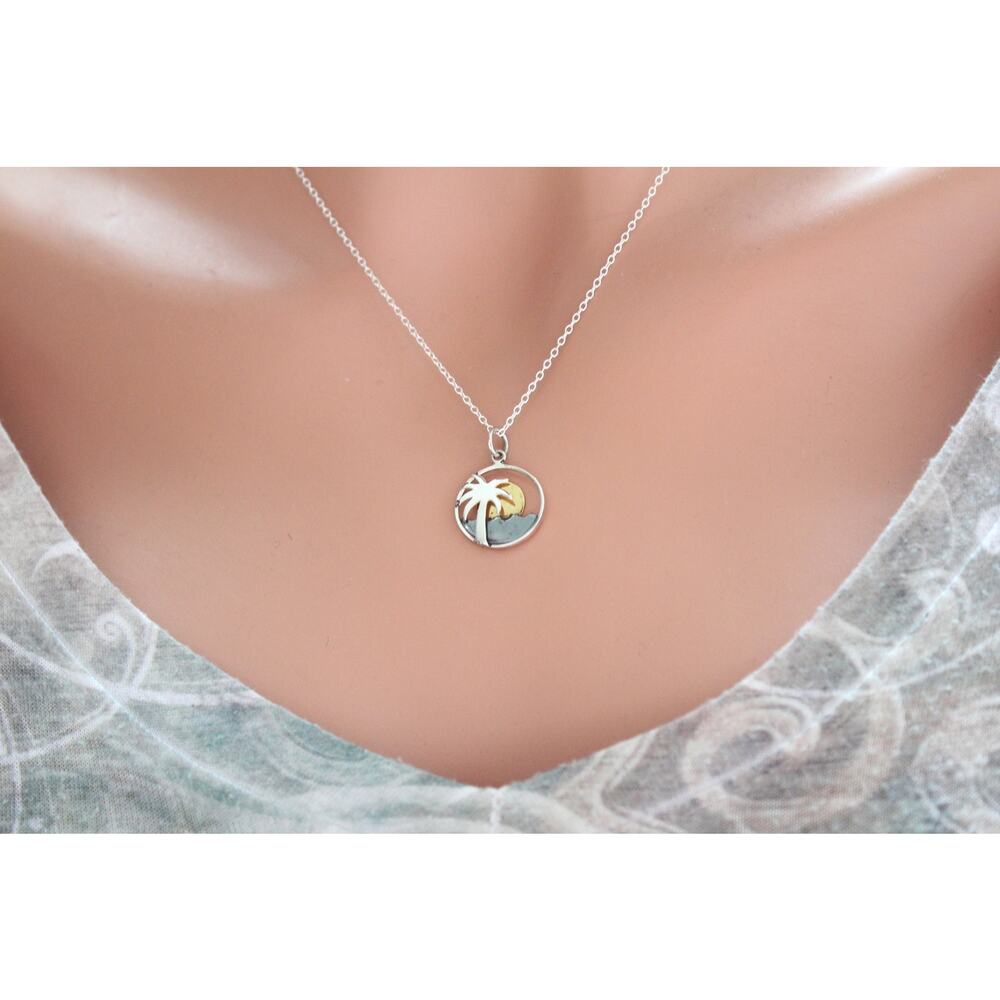 Sterling Silver Palm Tree Ocean Charm with Bronze Sunset
